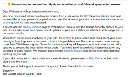 Google Manual Spam Action Revoked