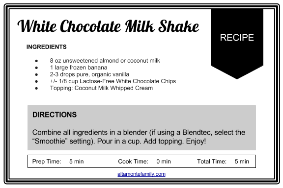 White Chocolate Milk Shake Recipe Card - How To Make A Free Printable Tutorial
