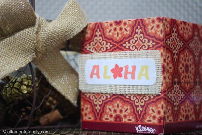 Kleenex box with printable Aloha label on burlap