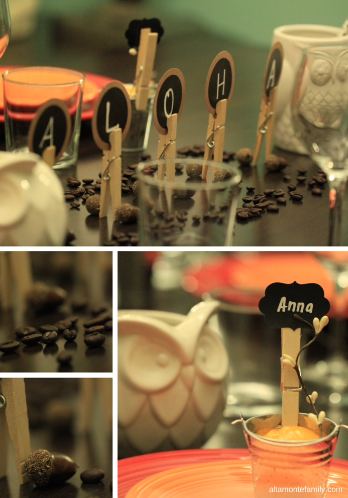 Thanksgiving Tablescape with chalkboard and clothespin place card holders and centerpieces