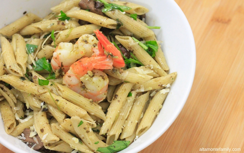 One Pan Shrimp Pesto Penne Pasta - One Pan - No Boil - No Drain