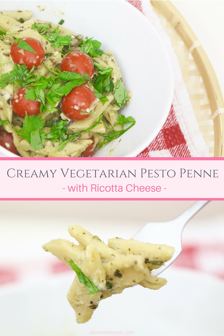 Creamy Vegetarian Pesto Penne Pasta with Ricotta Cheese Recipe