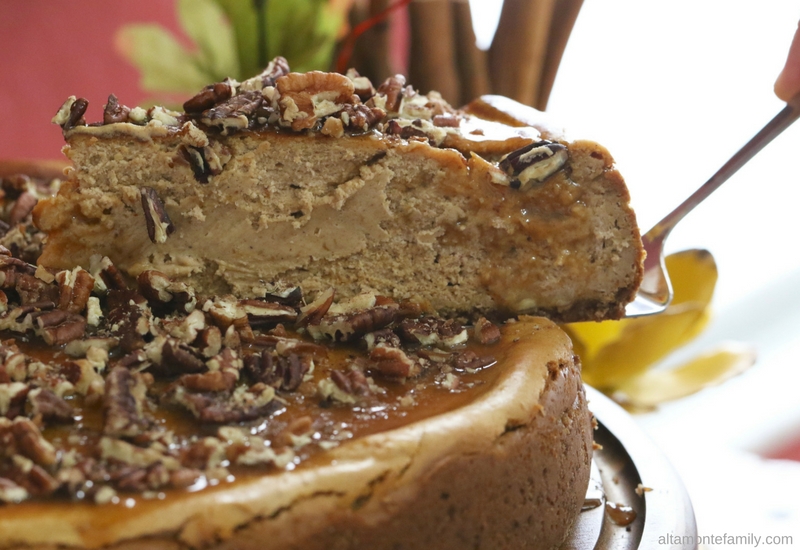 Pecan Praline Pumpkin Cheesecake Recipe with Caramel Glaze - Fall Autumn Dessert Ideas