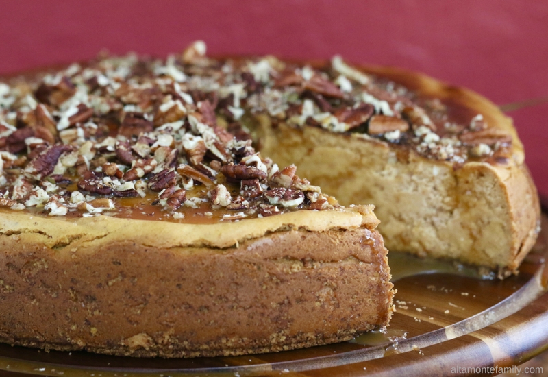 Pecan Praline Pumpkin Cheesecake Recipe with Caramel Glaze - Fall Autumn Dessert Ideas