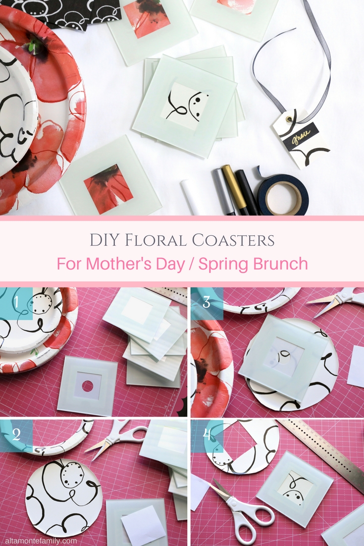 DIY Floral Coasters Mothers Day Spring Brunch Party Ideas - Poppies - Red White and Black Theme