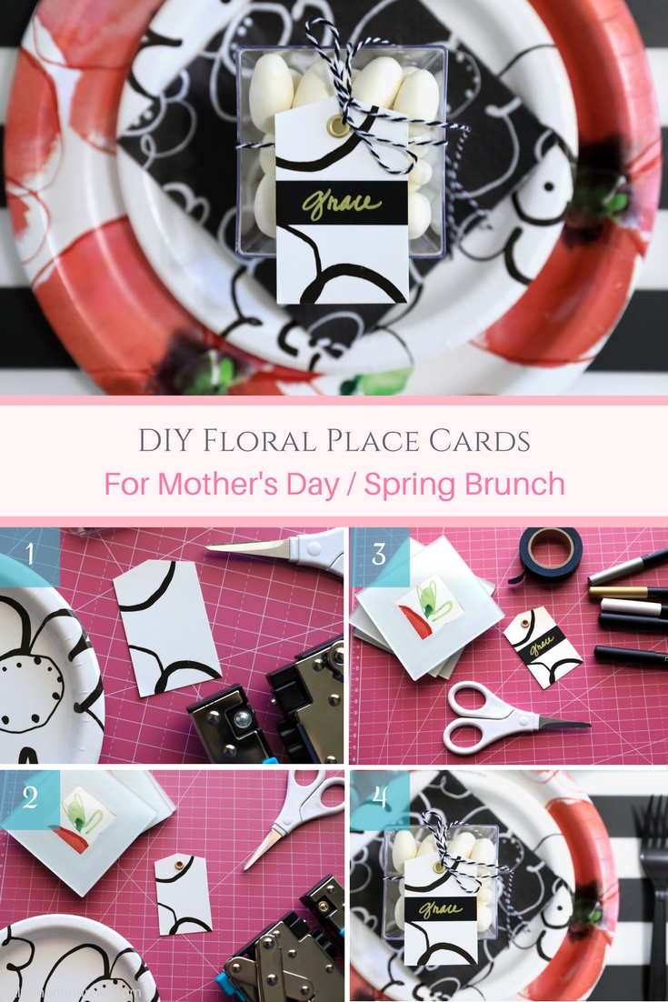 DIY Floral Place Cards - Mothers Day Spring Brunch - Poppies - Red White and Black Theme