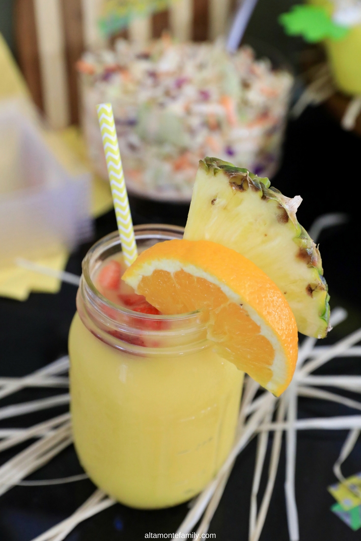 Luau Party Food Ideas - Hawaii Decorations - Pineapple Orange Juice In Mason Jar